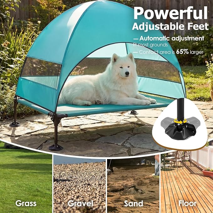 Elevated Dog Bed with UV-Proof Canopy, Outdoor Dog Tent with Powerful Adjustable Feet, Portable Pet Cot with Wider Shade, Raised Cooling Bed for Camping, Patio, Beach, Poolside
