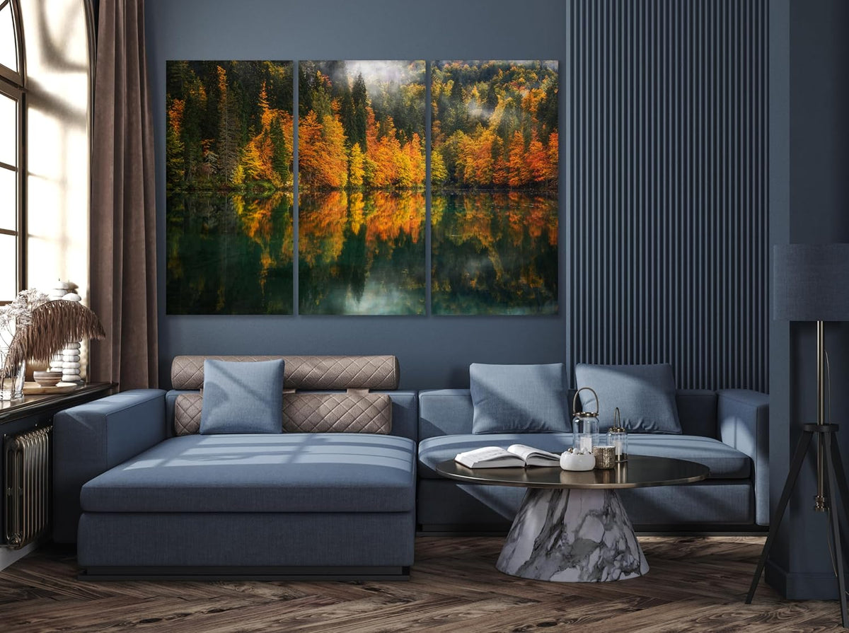 Nature Wall Art Prints - Ocean Forest Mountain Lake Canvas Landscapes - Small to Extra Large Living Room Bedroom Kitchen Bathroom Décor (Autumn by the Lake, 35L" x 53W" - 3 Panels)