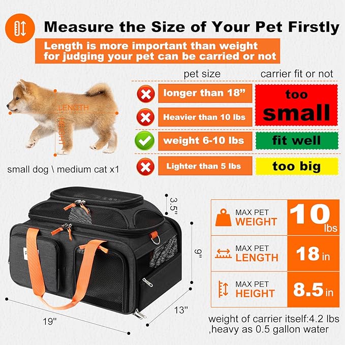pidipiti 19x13x9 TSA Approved top Expandable pet Carrier for Small Dog Puppy cat up to 10 lbs Weight and 18'' Length, for Southwest Spirit Lufthansa Airlines,Air Canada and Amtrak Train