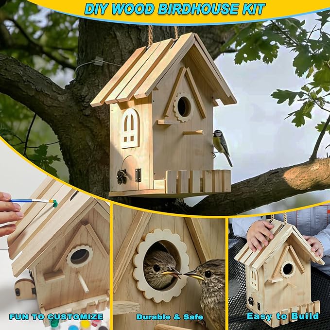 DIY Wooden Bird Houses for Outside with Paint Woodworking Craft for Kids and Adults Hanging Birdhouse for Garden Yard Decor Gifts