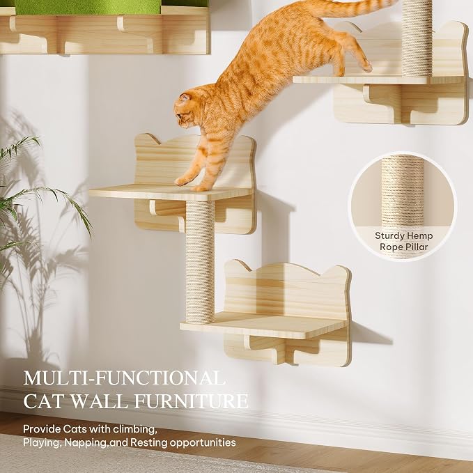7-in-1 Cat Shelves for Wall, Cat Wall Furniture Set with Tunnel | Multi-Level Floating Cat Shelves for Space Saving, Solid Wood Cat Climbing System with Scratching Posts, Burlywood