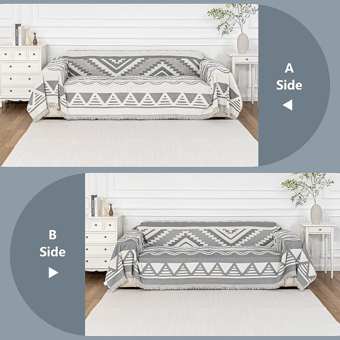 MYSKY HOME Sectional Couch Cover Grey Boho Geometric Sofa Covers for Sectional Sofa L Shape Chenille Couch Protector for Dogs Pets Couch Throw Cover Washable Durable for Home Decor, 71" X118"