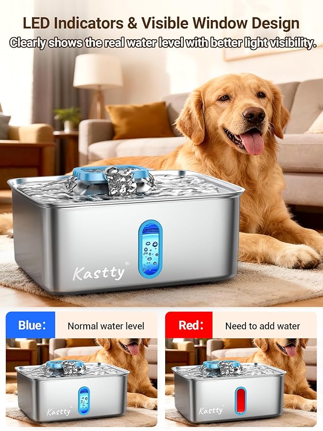 Kastty 3.96 Gal Large Dog Water Fountain,15L Stainless Steel Dog Water Bowl Dispenser with Water Level Window and LED Light,Ultra Quiet Automatic Pet Water Fountain Easy Cleaning(FS78,Blue)