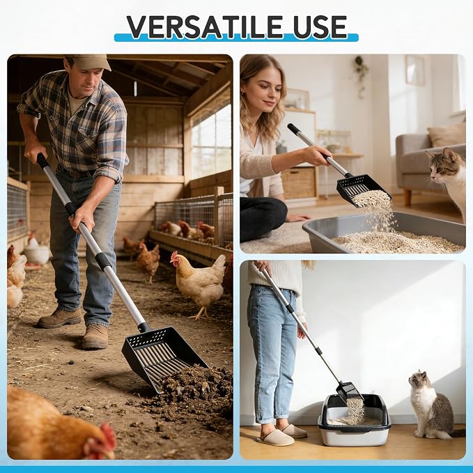 Cat Litter Scoop, Deep Shovel with Metal Long Handle, 21"-39.5" Telescopic & Adjustable Heavy Duty Fast Sifting Shovel Kitty Litter Scooper for Sifting Cats Litter