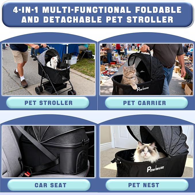 4 Wheels Pet Stroller 4 in 1 Pet Stroller with Detachable Carrier for Small & Medium Dogs Cats up to 55 lbs Easy-Folding Travel Dog Wagon with Car Seat Breathable Mesh (Green)