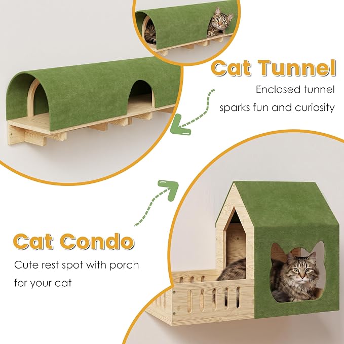 16-in-1 Cat Wall Shelves, Solid Pine Wood Cat Climbing System with Tunnel, Perch, Bridge, Condo and Sisal Scratching Post, Indoor Wall-Mounted Furniture for Cats