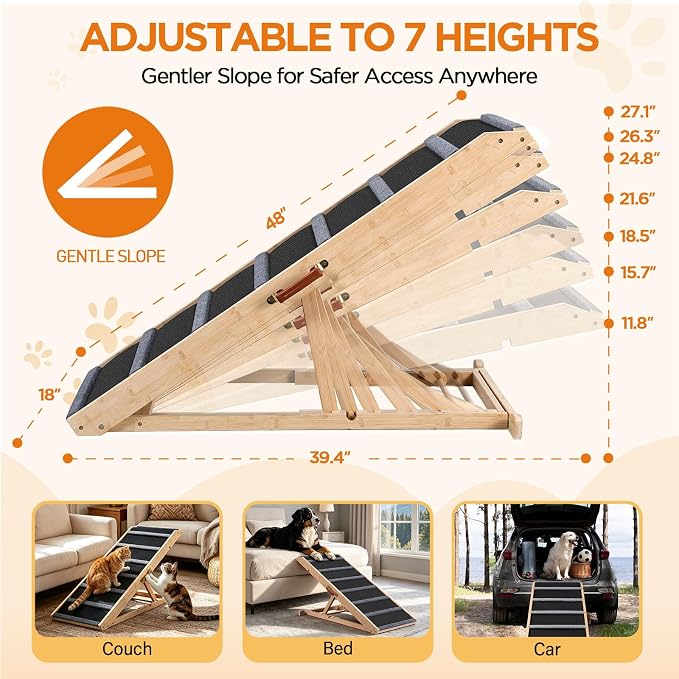 Dog Ramp for Bed - Extra Large, 18'' Wide, Gentle Slope Folding Pet Ramps for Small Large Senior Dogs to Get on High Couches & Cars, Non-Slip Rubber Surface, Holds 220lbs, 7 Adjustable Heights