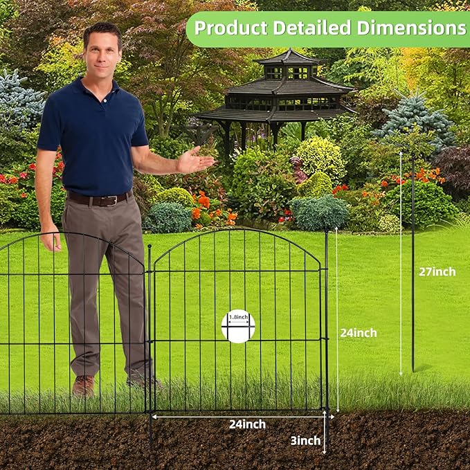 Decorative Garden Fence 24in (H) x20ft (L), 10 Pack No Dig Fence Animal Barrier for Dog, Arched Flower Bed Edging, Wire Border Panel Fencing for Yard Patio Outdoor Decor