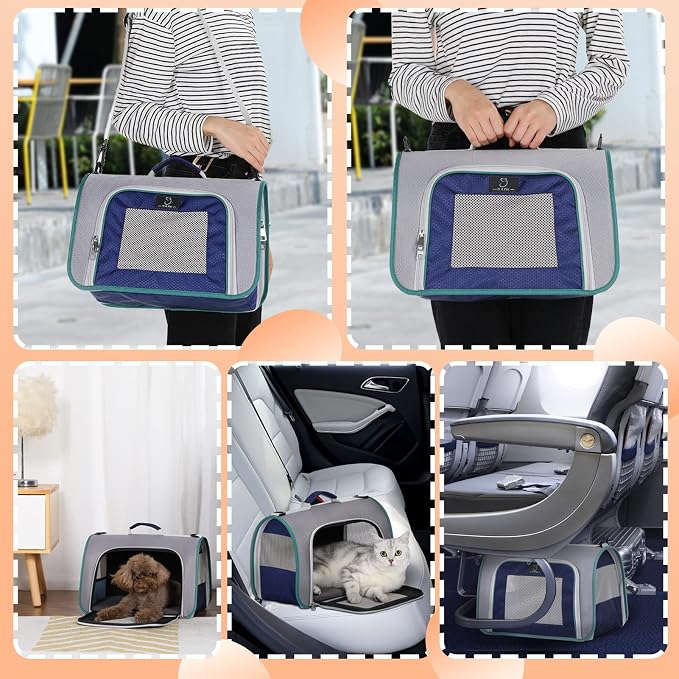 A 4 Pet Cat Carrier, Airline Approved Pet Carrier for Small Medium Cats Dogs Puppy with Safety Tether, Lightweight EVA Soft-Sided Bag, Anti-Collapse for Plane Car Train Vet