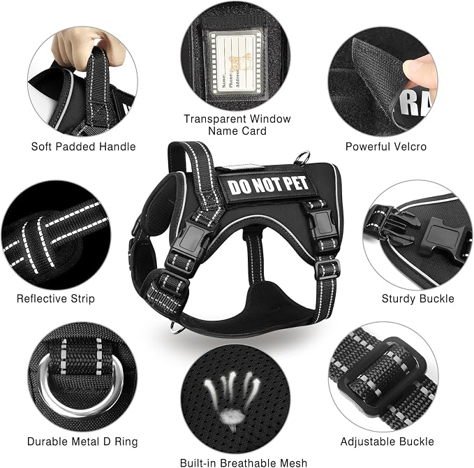 Tactical Dog Harness and Leash Set Medium Sized Dog+10 Dog Patches | Adjustable No Pull Service Animal Dog Vest with Dog Seat Belt,Padded Handles,Reflective Easy Walk for Training Hiking Black M