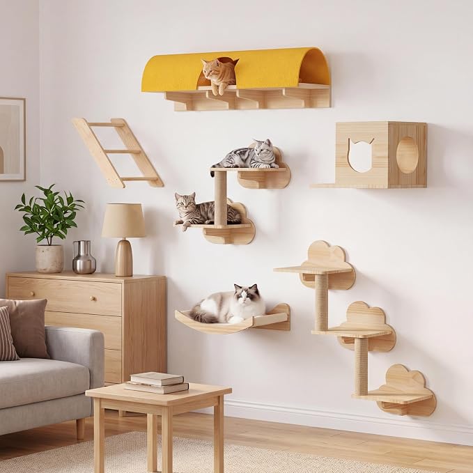 Cloud Cat Wall Shelves, 12-in-1 Wall Mounted Cat Shelf w/Tunnel | Solid Wood Floating Shelves for Indoor Large Cats, Multi-Level Cat Climbing Wall Systems with Scratching Post, Space Saving
