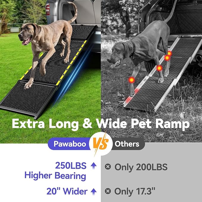 Pawaboo 67" L & 20" W Longest Dog Ramp for Car Foldable, Up to 200 LBS | Extra Wide Portable Pet Dog Ramps for Large Dogs, Dog Car Ramp for SUV/Truck/RV/Bed, Lightweight Ramps with Non-Slip Mesh, Bl