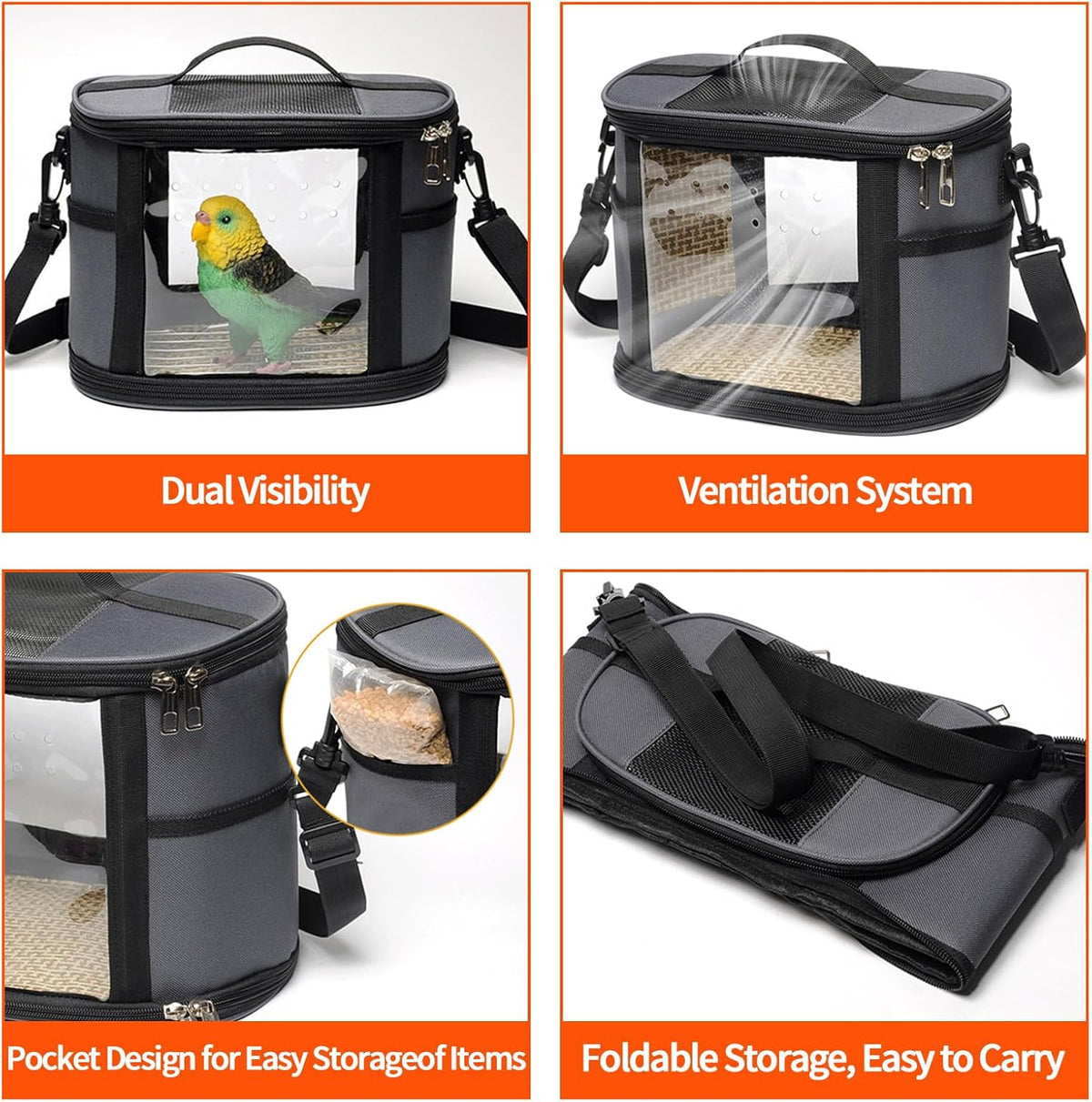 Bird Travel Carrierm, Small Bird Travel Backpack Carrier Cage with Tray and Breathable Clear Window, for Parakeet Cockatiel Budgies, for Camping Hiking (Large-White)