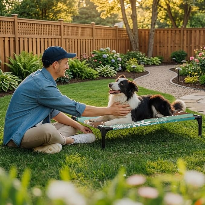Outdoor Elevated Dog Bed for Large Dogs, Teal Green Brown Botanical Breathable Cooling Raised Dog Cot for Indoor/Outdoor, Farmhouse Wooden Leaves Waterproof Elevated Pet Beds, L 28 x 22 in
