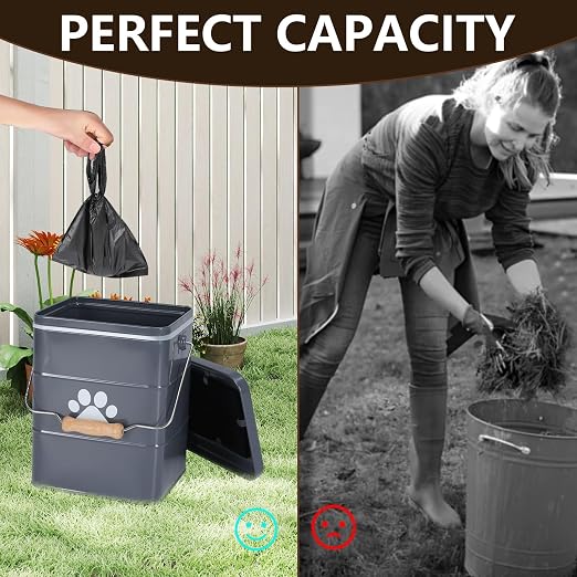 Small Dog Poop Trash Can Outside,1.5Gal/6L Metal Dog Waste Trash Can with Lid/Filter/Handle,Pet Waste Container Bucket with 75 Trash Bags-Gray