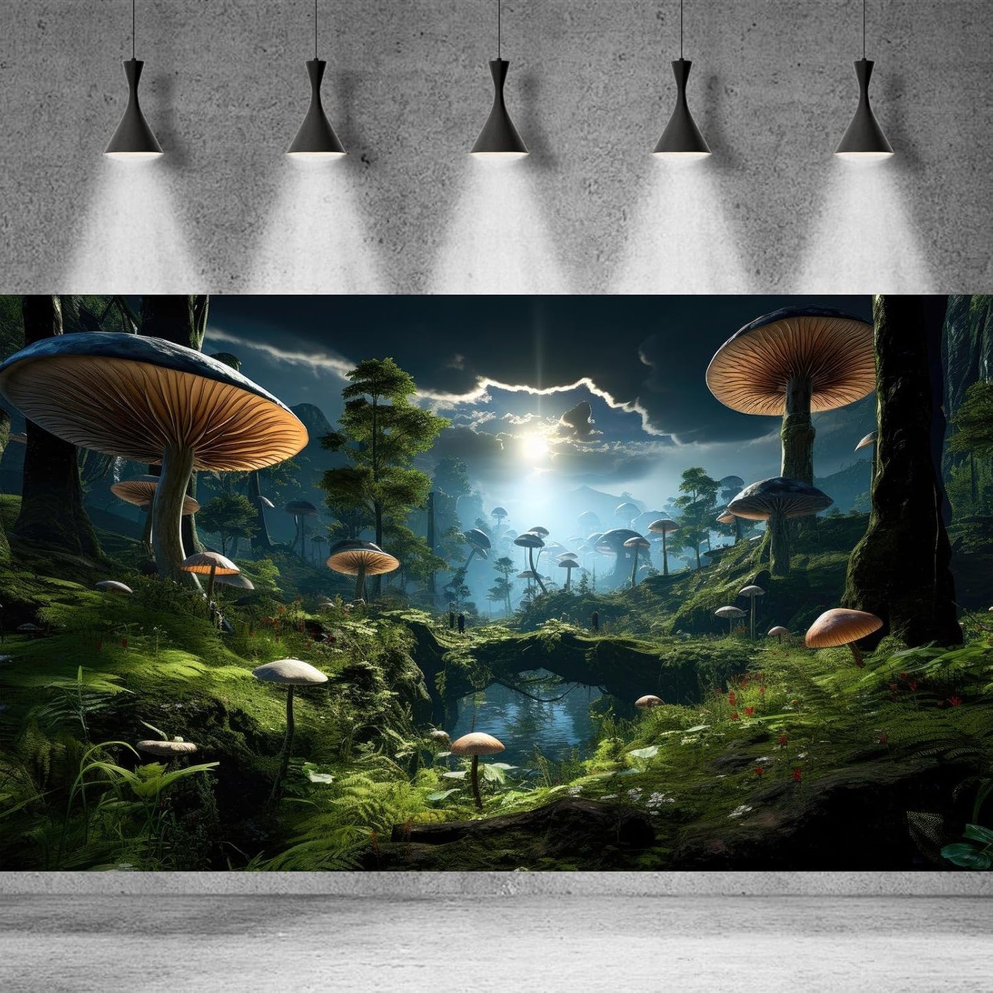 Fantasy Mushrooms Landscape Aquarium Background Tranquil Stream Cloudy Sky Terrarium Background Lush Green Tropical Plants Trees Fish Tank Backdrop Decoration Tank Background Poster 48x24in