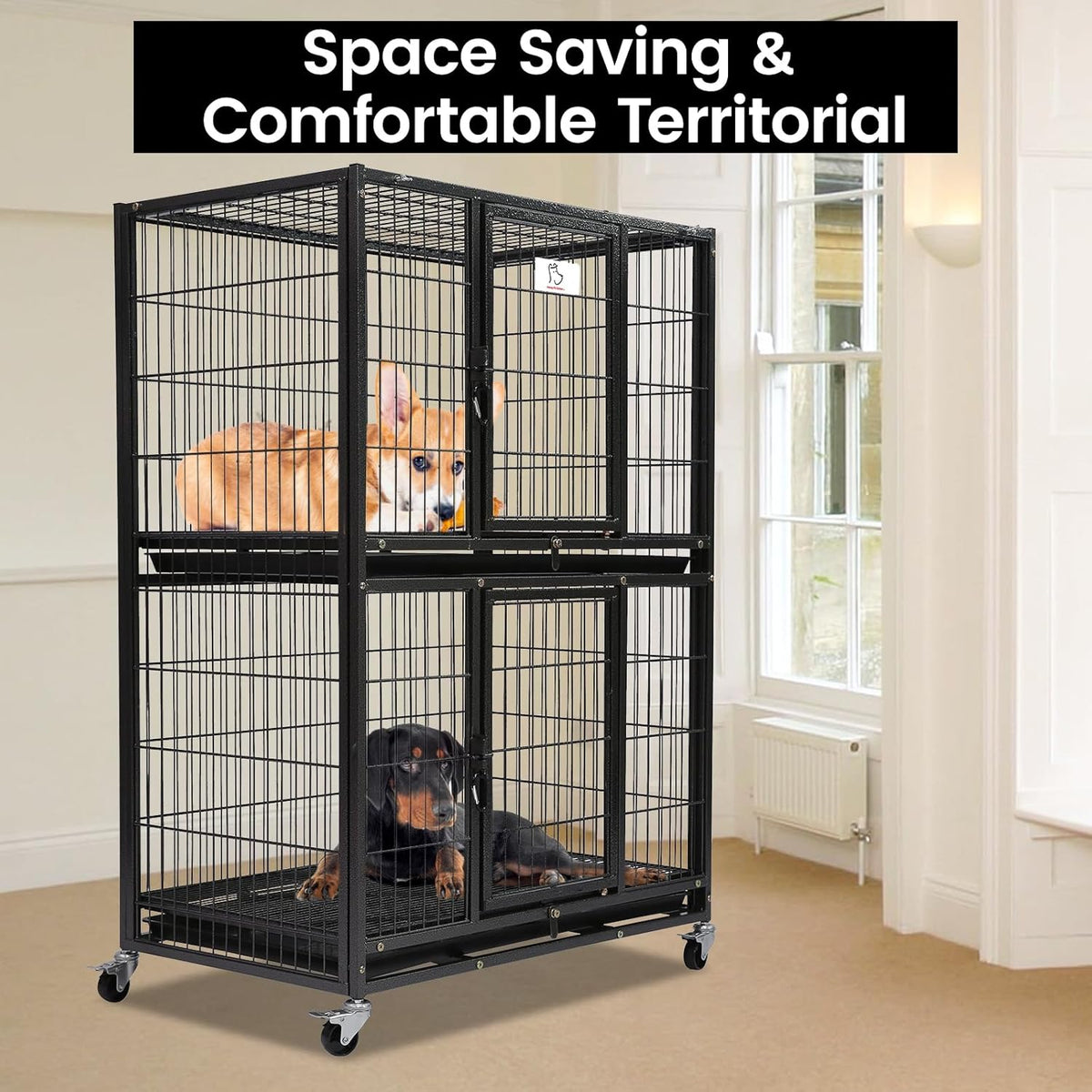 Homey Pet 31 Inch Stackable Heavy Duty Dog Crate Cage Kennel with Four Lockable Wheels, Removable Tray, Escape Proof Wire Drop Dog Crates for Small Dogs (Two Tiers)