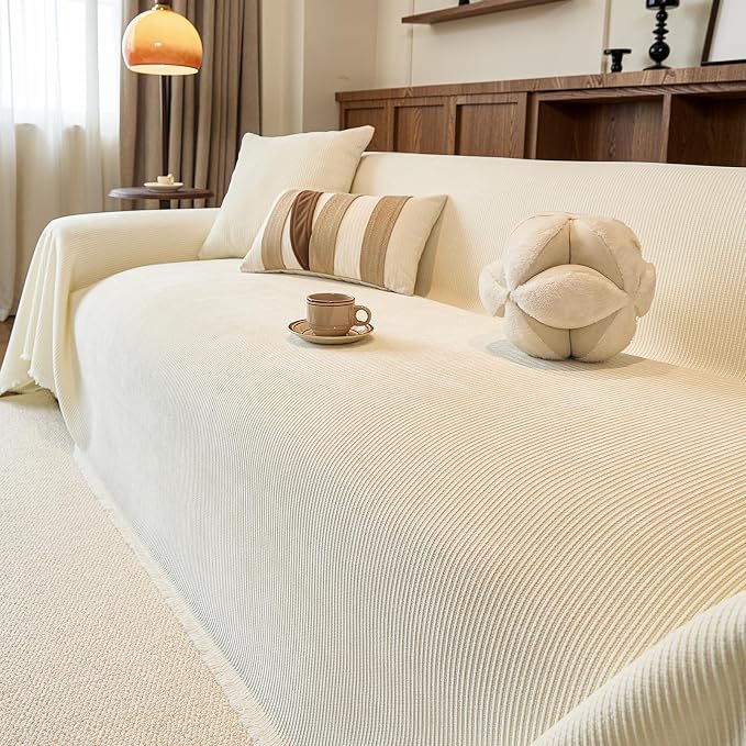 VClife Vintage Creamy White Striped Couch Cover with Tassel, 71" X 150" | Soft Thick Chenille Couch Covers for 3 Cushion Couch Sofa, Washable Sofa Covers for Sectional Sofa, Fade & Shrink Resistant