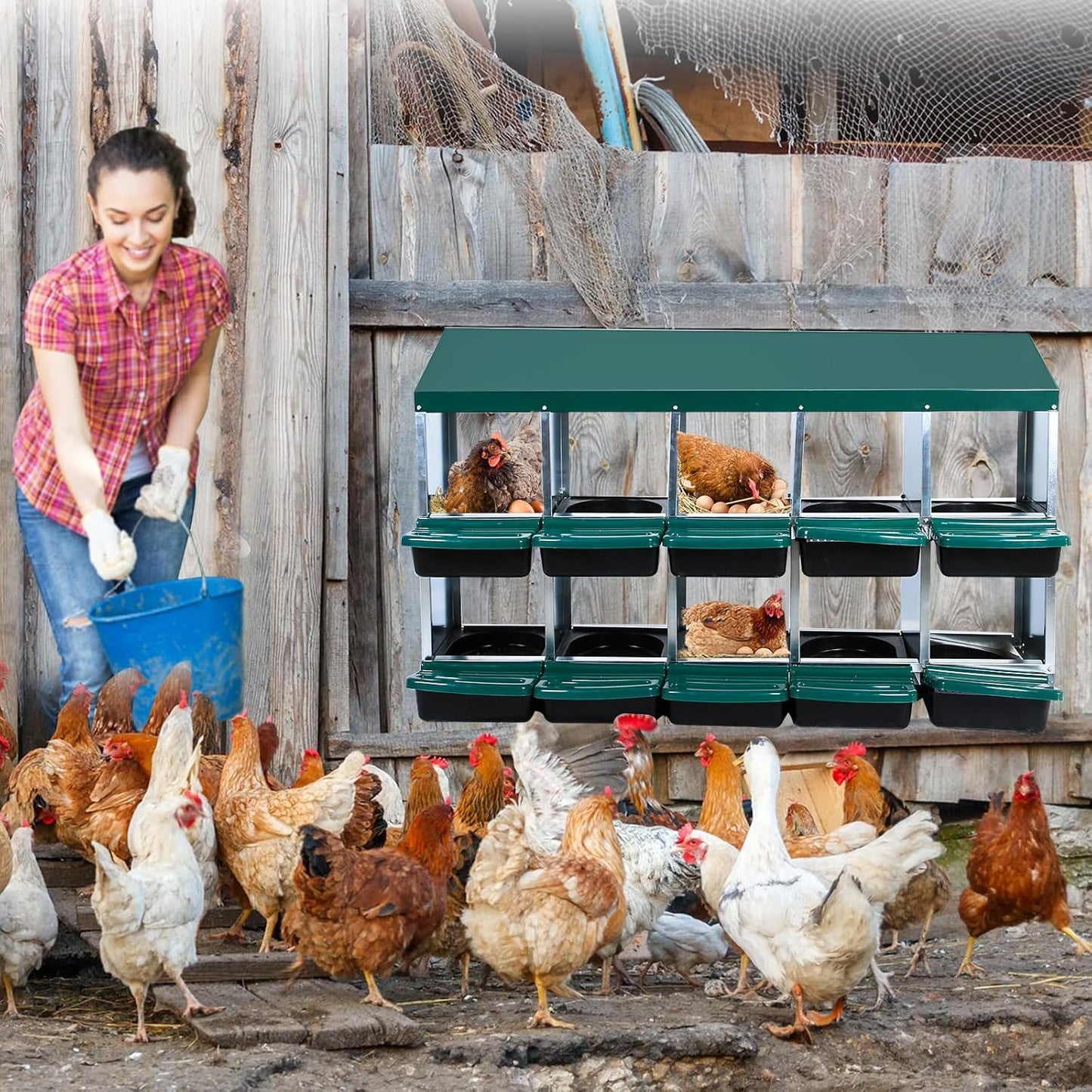 Nesting Boxes for Chickens, Chickens Laying Boxes for Chicken Coop, 10 Compartments Chicken Nesting Boxes, with Removable Tray, Easy Cleaning, for Hens Outdoor Chicken Coop Farm Yard, Green