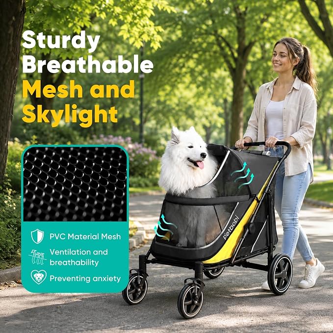 Petbobi Dog Stroller for Large & Medium Dogs - Easy Fold Dual Entry Pet Stroller with One-Foot Brake, All Terrain Wagon Cart with Air Mesh, Ideal for Large Senior Pets up to 80 lbs, Black