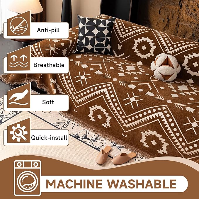 VClife Boho Couch Cover - Brown White Tribal Geometric Pattern Sofa Cover for 3 Cushion Couch Sofa Anti-Slip Washable Couch Cushion Cover, Diamond Zigzag Futon Sofa Protector for Living Room Decor