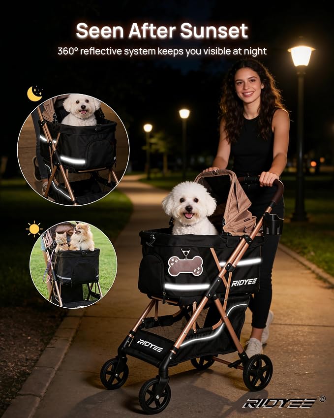 RIDYEE Dog Stroller, Foldable & Lightweight Pet Stroller for Small Medium Dogs & Cats up to 33 lbs, All-Terrain Shock Absorbing Wheels, Fully Ventilated, Storage Basket & Cup Holder