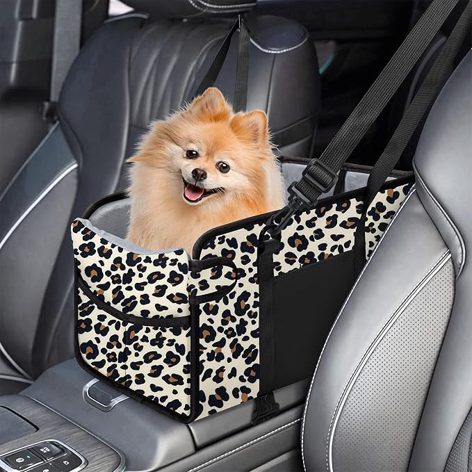Portable Dog Car Seat for Small Dogs, Puppy Car Seat, Leopard | Booster Seat With Safety Leash & Adjustable Straps Keeps Small Dogs Secure. Removable Washable Cushion. Fits Most Cars.