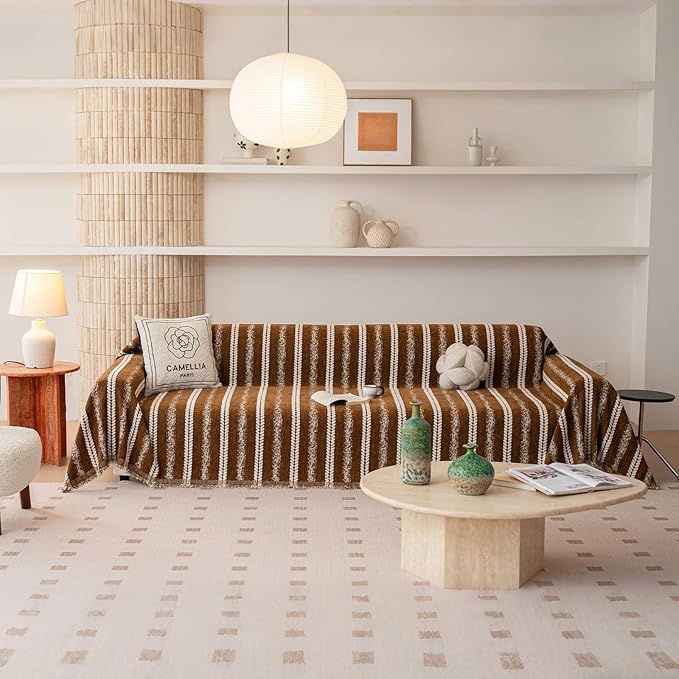 VClife Sofa Cover Bohemian Striped Pattern Couch Cover for 3 Cushion Sofa - Caramel Brown Creamy White Textured Sofa Slipcover Washable Furniture Protector for Couch Decorative Couch Cushion Cover