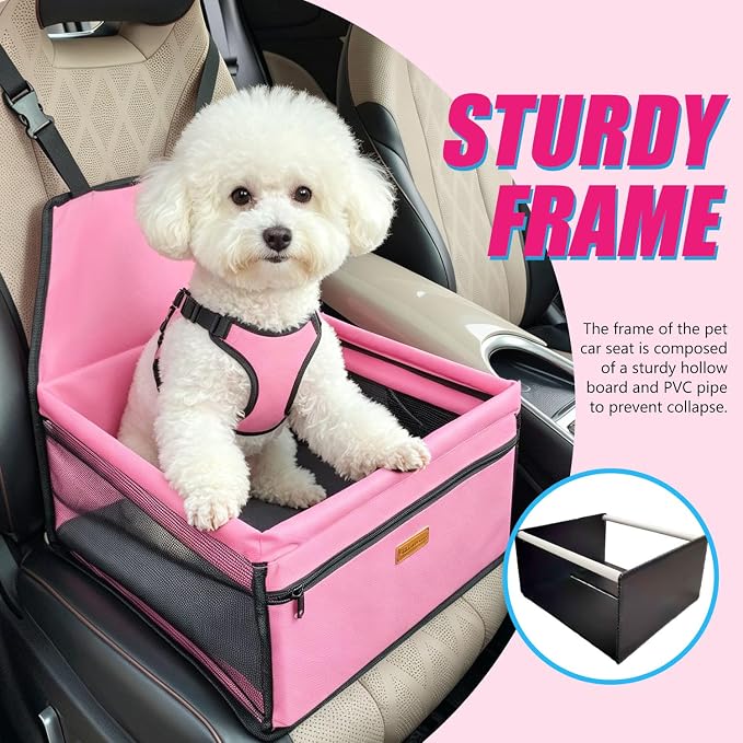 Pet Dog Booster Seat, Upgrading the Framed wall to Prevent Collapse，Breathable and Foldable Pet Car Basket，Removable andWashable pet car seat (Pink)