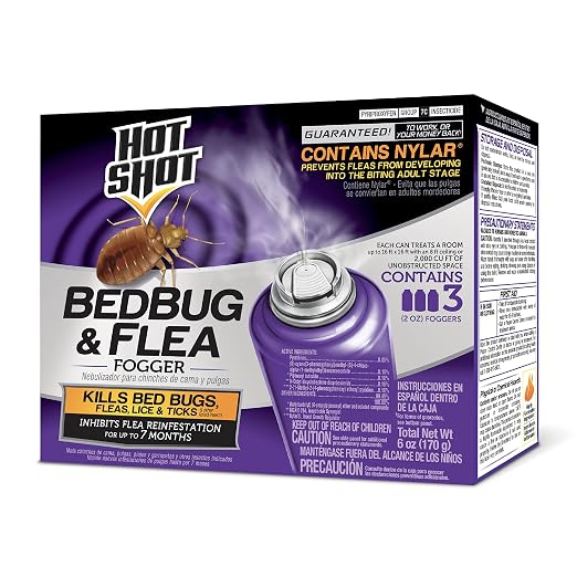 Hot Shot Bedbug and Flea Fogger 3 Count-2 Ounce Cans, with Nylar, Inhibits Flea Reinfestation
