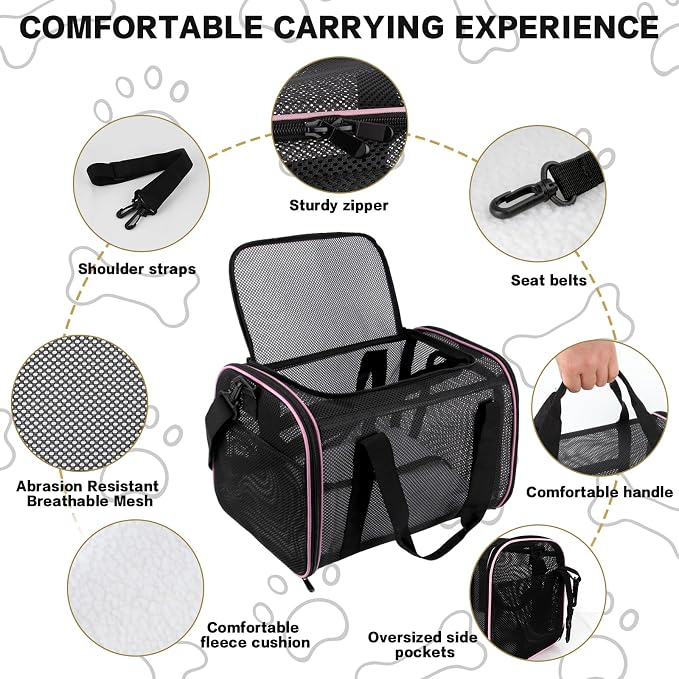 Cat Carrier Soft-Sided Dog Pet Carrier Pets Travel Carriers for Big Cats Small Dogs Mesh Puppy Carry Bag,TSA Airline Up to 16 Lbs (Pink, 17 * 11 * 11)