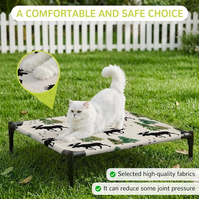 Outdoor Elevated Dog Bed for Small Dogs, Black Green Moose Breathable Cooling Raised Dog Cot for Indoor/Outdoor, Modern Animals Trees Rustic Waterproof Elevated Pet Beds, S 20 x 20 in