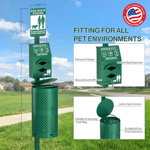 POCHAR Aluminum Dog Waste Station for Pet Parks with Poop Bags & Liner Bags | Rustproof Pet Poop Station Outdoor, Dog Park Equipment with Sign & Lid - Pet Poop Disposal System for Backyard