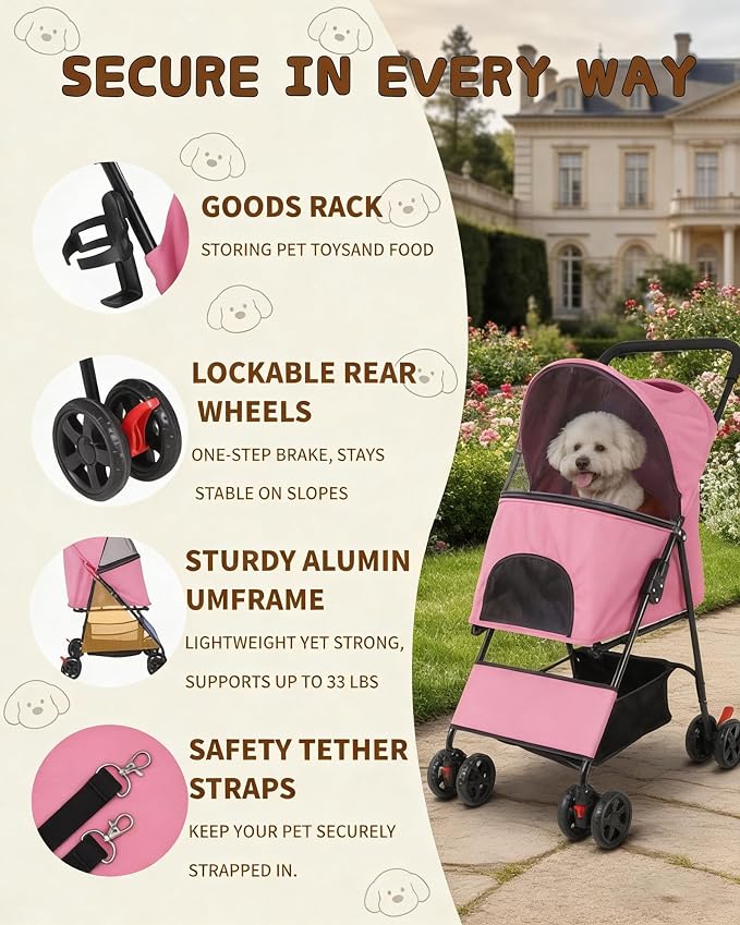 Pet Stroller for Small Medium Dogs Cats - Lightweight Foldable Dog Stroller | 33lbs, 4 Wheels All Terrain Cat Stroller, Breathable Mesh &Safety Tether, Storage Basket for Outdoor Walks, Pink Dog Stroller