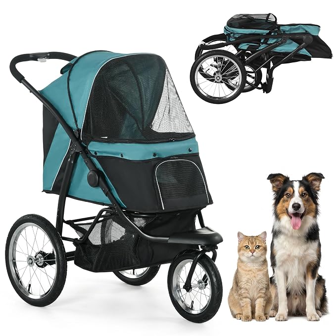 PawHut 3 Wheels Pet Stroller, Foldable Dog Stroller with Adjustable Canopy, Safety Tether, Cushion, Storage Basket, Portable Jogger for Small and Medium Dogs and Cats, Dark Green
