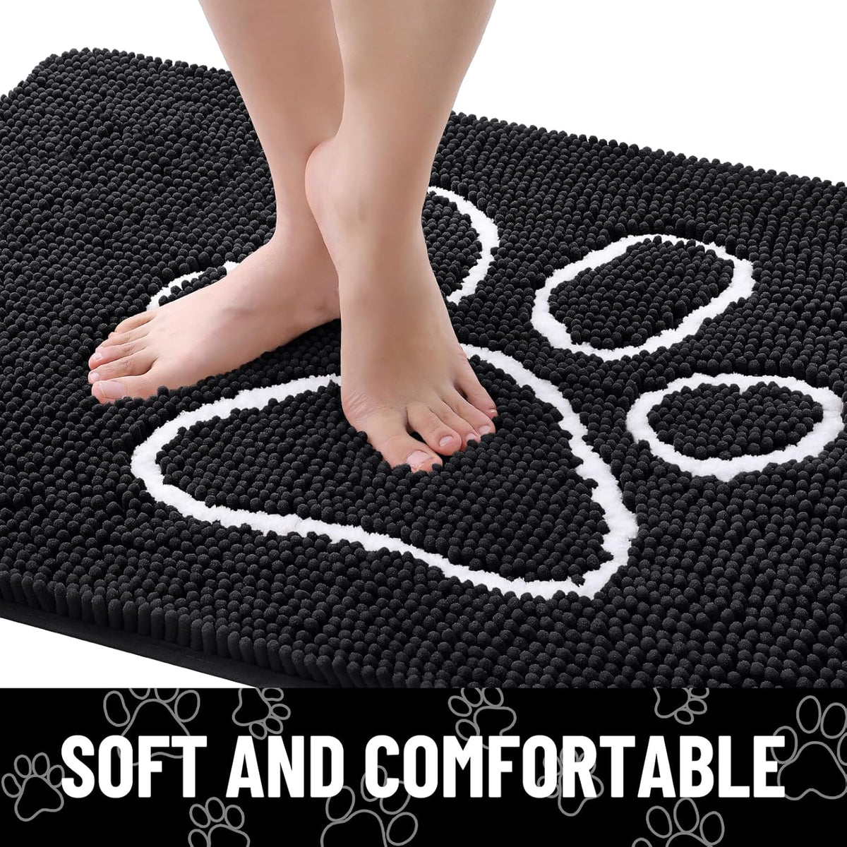 Smiry Dog Door Mat for Muddy Paws, Absorbent Dirt Trapper Non Slip Quick Dry Washable Chenille Mat for Mud Dogs, Entry Rug for Indoor and Outdoor (47x32 Inches, Black)