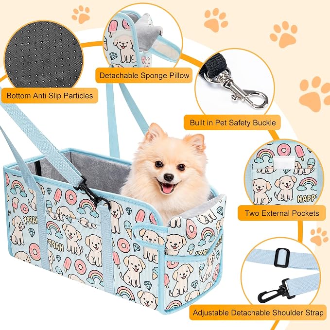 Console Dog Car Seat for Small Dogs, Foldable Booster Seat, Blue Puppy | Portable Booster Seat Sits On Car Console/ Armrest. Foldable for Easy Storage. for Center Console, Easy To Clean.