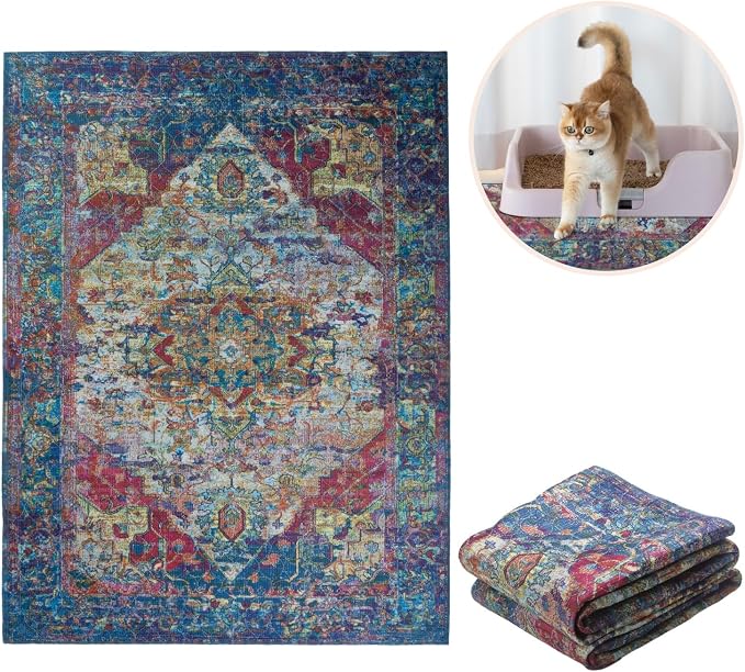 Lovewag Cat Litter Mat, Litter Box Mat, Bohemian Jewel, 36x48, 2 Pack | Washable litter mat cover, kitty litter mat & cat mat for litter box, litter trapping mat, prevents tracking, multi-cat