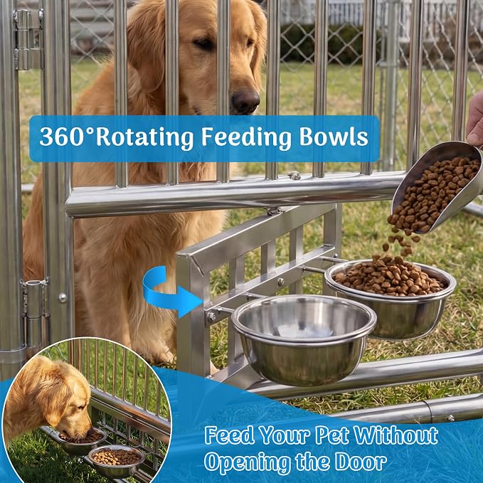 Redlife 7.5x7.5FT Heavy-Duty Outdoor Dog Kennel with Roof | Galvanized Steel Dog Cage, 360° Rotating Feeding Bowls, Double Door Opening, Waterproof Cover, Large Backyard Pet Enclosure