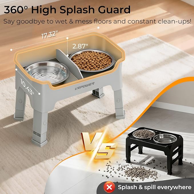 URPOWER Mess Proof Elevated Dog Bowls, Splash Guard Raised Bowl Stand | 4 Adjustable Heights, 2 Stainless Steel Bowls, Food & Water Separation, Foldable Design Non-Slip for Small Medium Large Dogs