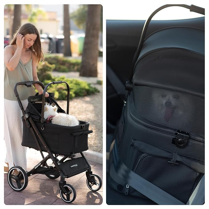 BEBEROAD X3 2 in 1 Pet Stroller for Medium or Two Small Dogs & Cats 4 Wheels Lightweight Foldable Carrier Dog Stroller with Waterproof Weather Cover Cup Holder,Storage Basket(Camel)