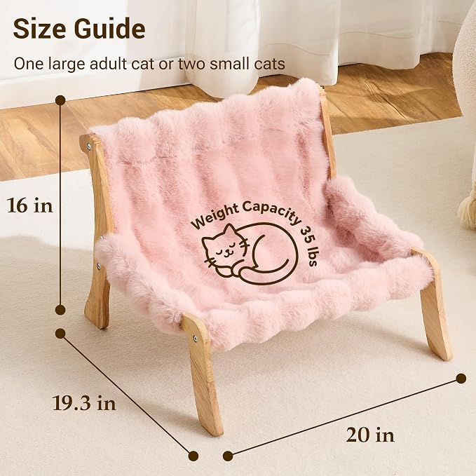 Solid Wood Cat Couch Bed for Indoor Cats, Modern Cat Sofa with Ultra-Soft Plush Surface Washable, Reclined Backrest, Elevated Elevated Cat Lounge Furniture for Small to Adult Pets, Sakura Pink