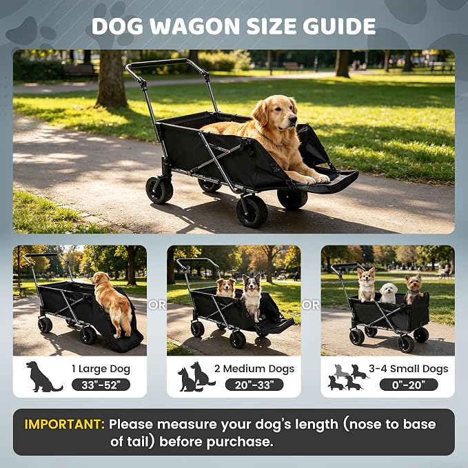 REDCAMP Folding Dog Wagon with Canopy, 110lbs Heavy Duty Pet Stroller | 17.3" Extendable Rear Ramp for 2 Medium Dogs, All-Terrain Dog Cart with Brakes & Push Handle for Senior Pet, Black
