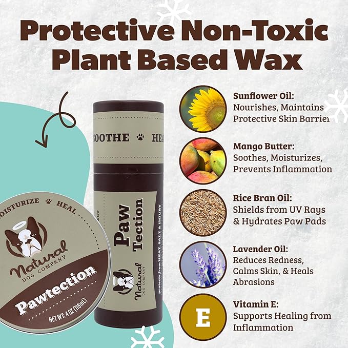 Natural Dog Company PawTection Balm for Dogs – Winter Paw Protection from Snow, Ice & Salt, Wax-Based Paw Barrier Balm, All Breeds for Cold Weather Walks & Outdoor Adventures, Lick-Safe, 2 oz Stick