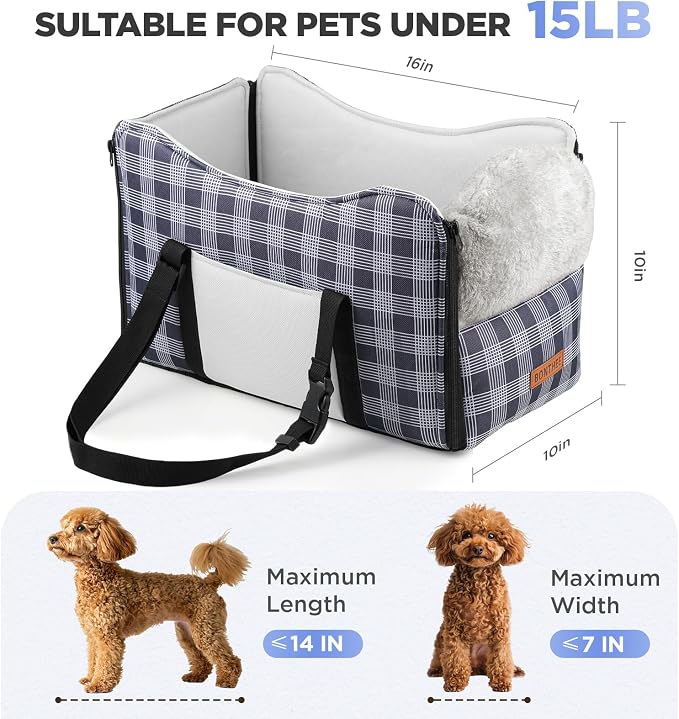 Center Console Dog Car Seat for Small Dogs-Washable Plaid Oxford Pet Booster Seat,Anti-Collapse Design with Soft Plush & Sturdy Support Board,Adjustable Safety Leash for Small Dogs & Cats up to 15 lbs