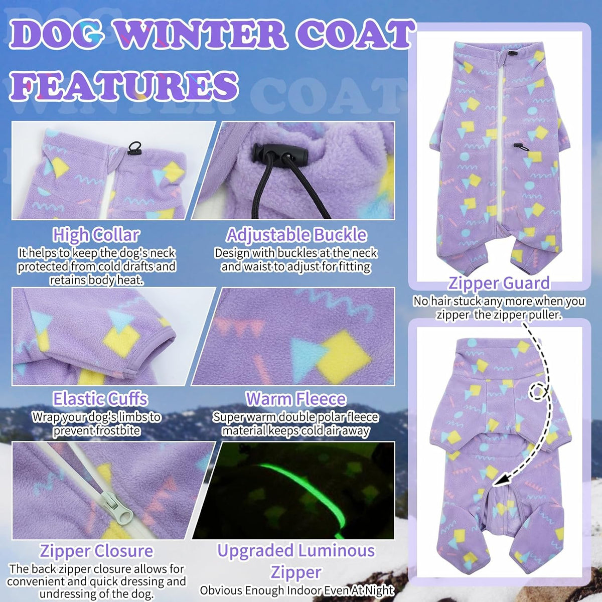 ROZKITCH Dog Jacket with Sleeves, Pet Windproof Warm Cold Weather Jacket Vest with Luminous Zipper, Jumpsuit Apparel Outfit Clothes for Small Medium Large Dog Geometry XS