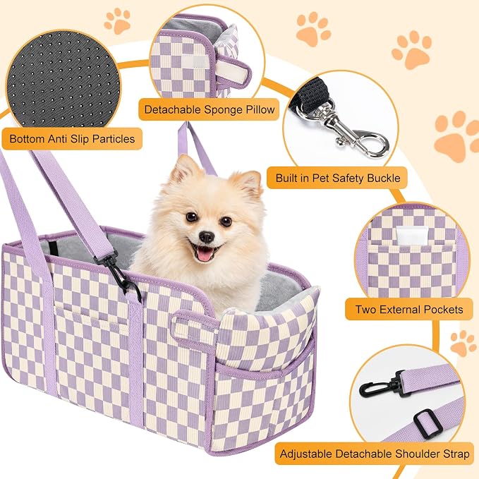Console Dog Car Seat for Small Dogs, Foldable Booster Seat,Purple Checkered | Portable Booster Seat Sits On Car Console/ Armrest. Foldable for Easy Storage. for Center Console, Easy To Clean.