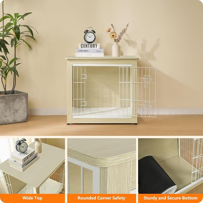 DWANTON Dog Crate Furniture with Cushion, Wooden Kennel Table with Double Doors, Indoor Dog House, Small/Medium/Large Size, 27.2" L, White Oak