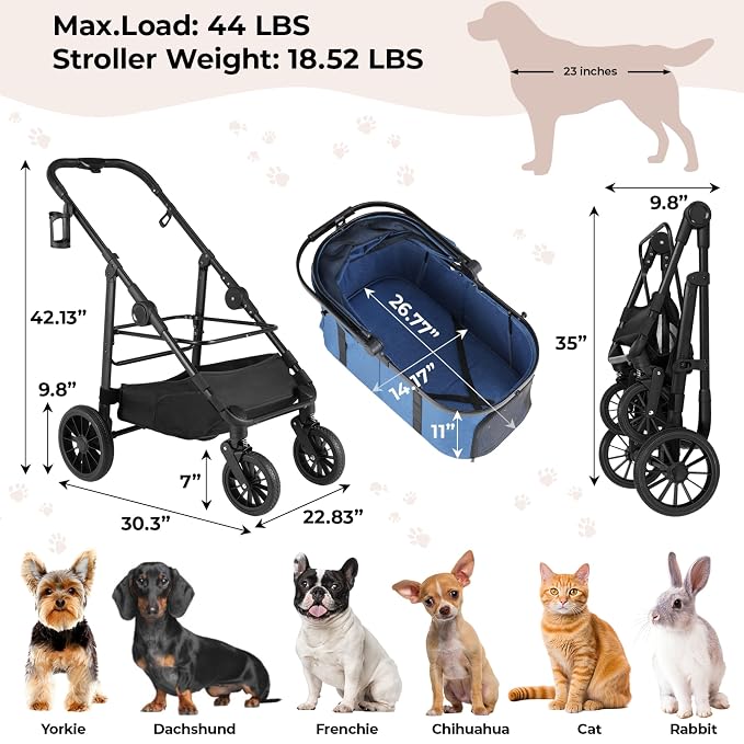 MAMIZO Pet Stroller for Medium Dogs Up to 44 lbs with Detachable Carrier | All-Terrain 3-in-1 Dog Stroller for Senior Dogs & Cats with Rubber Wheels, One-Click Folding, Storage Basket & Cup Holder