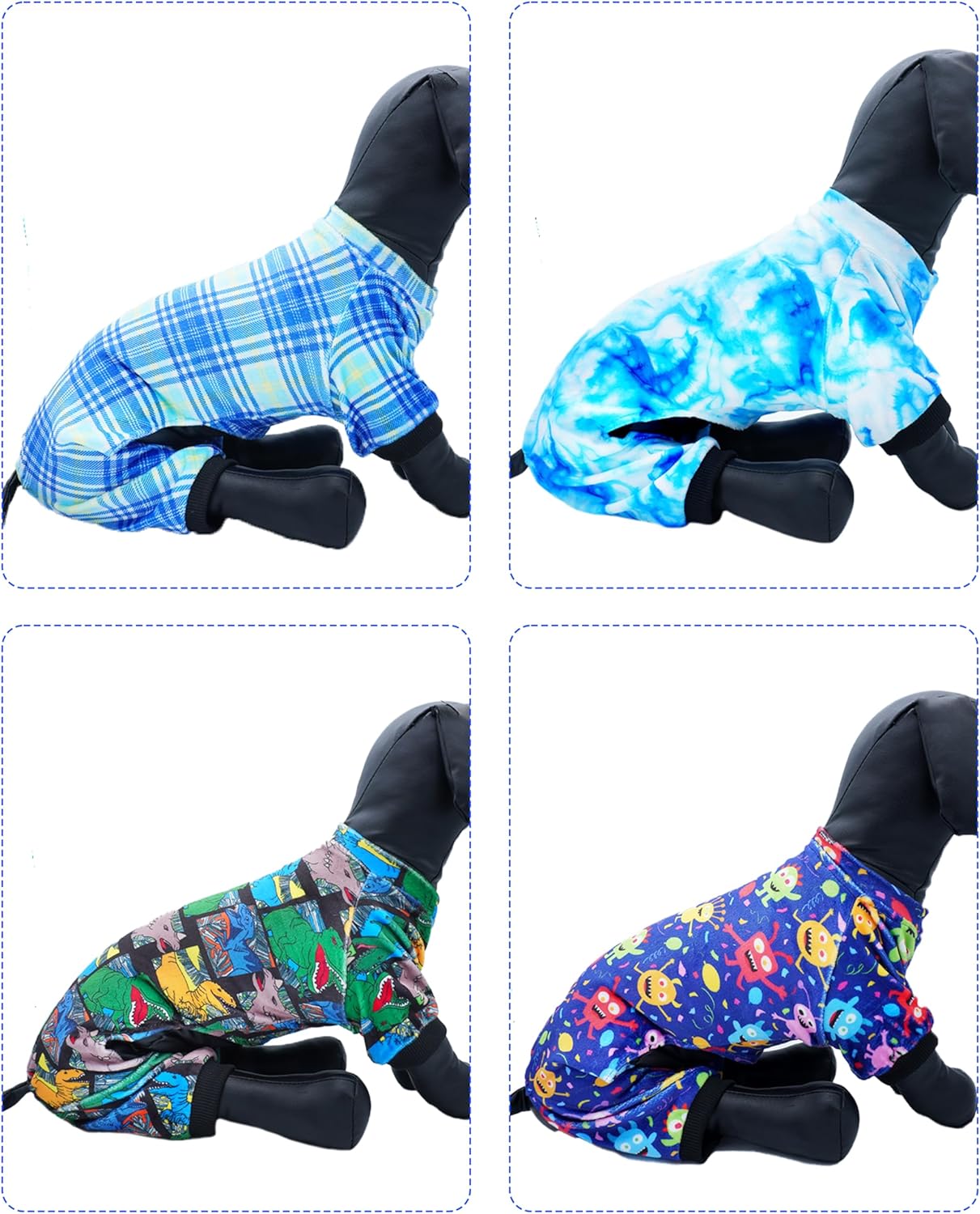 PET SHOW 4 Pack Small Dog Pajamas Cute Dinosaur Monster Clothes for Medium Dogs Soft Stretchy PJs Plaid Jumpsuit Puppy Tie Dye Onesies Outfits with Sleeve Pets Dachshund Costume(XXL, Blue for Boys)